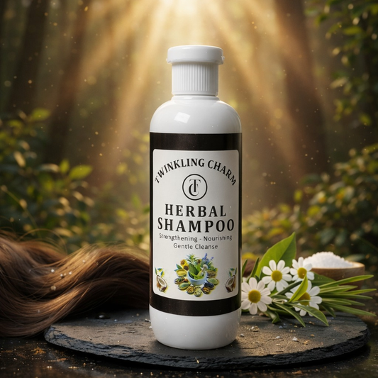 Herbal shampoo bottle with natural elements on a wooden surface