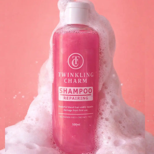 Pink shampoo bottle labeled 'Twinkling Charm' with foam on a pink background