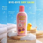 Baby lotion bottle with branding and product features on a blue background