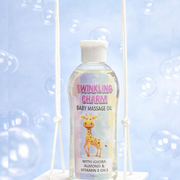 Baby massage oil bottle with giraffe illustration on a light blue background with bubbles