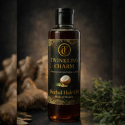 Bottle of Twinkling Charm Herbal Hair Oil with natural elements in the background