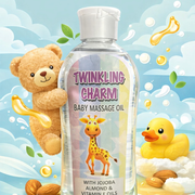 Bottle of Twinkling Charm baby massage oil with a teddy bear, rubber duck, and giraffe illustration on a blue background.