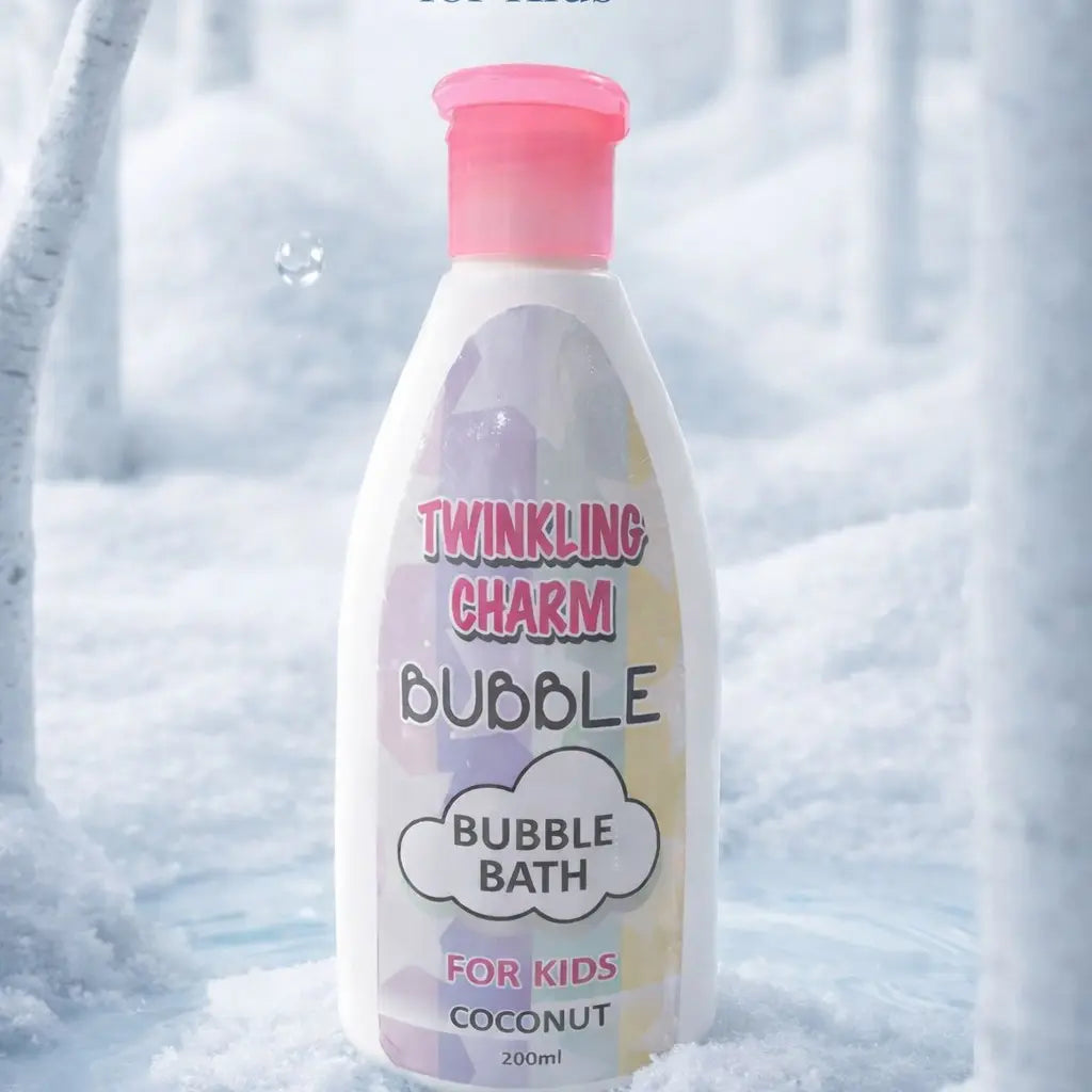 Bottle of Twinkling Charm bubble bath for kids with a pink cap against a snowy background.