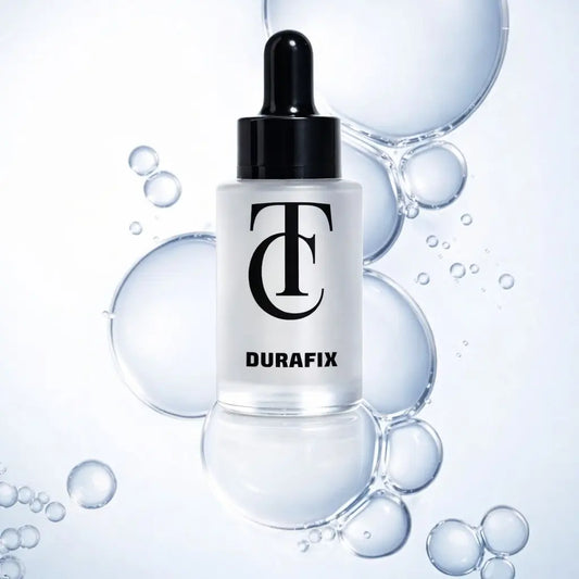Durafix skincare bottle with dropper on a light blue background with bubbles