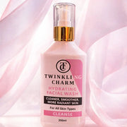 Facial wash bottle with pink label on a soft pink background