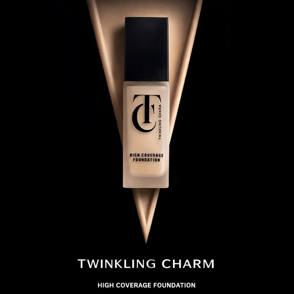 Foundation bottle with 'Twinkling Charm' branding on a black background
