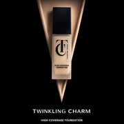 Foundation bottle with 'Twinkling Charm' branding on a black background