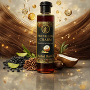 Bottle of Twinkling Charm Herbal Hair Oil with natural ingredients on a reflective surface.