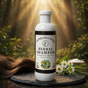Herbal shampoo bottle with natural elements on a wooden surface