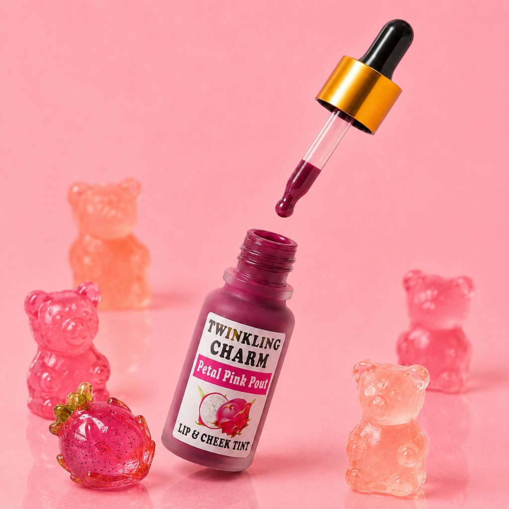 Lip and cheek tint bottle with a dropper and gummy bear toys on a pink background