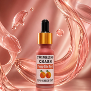 Lip and cheek tint bottle with dropper labeled 'Twinkling Charm' on a pink background