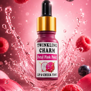 Lip and cheek tint bottle with raspberries and water droplets on a pink background