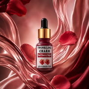 Lip and cheek tint bottle with red cherry flavor on a pink fabric background