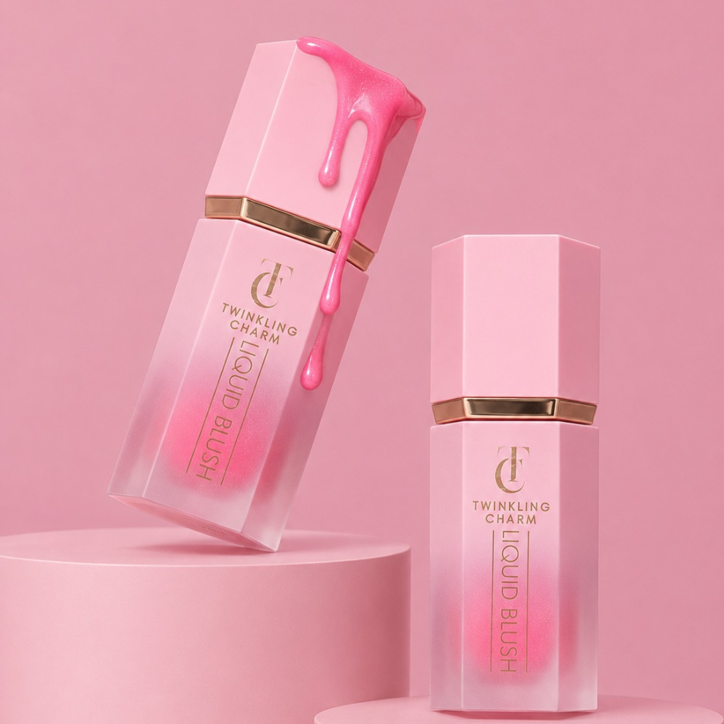 Pink cosmetic bottle with gold accents on a pink background