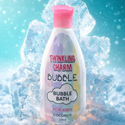Bottle of Twinkling Charm Bubble Bath for Kids on a snowy background