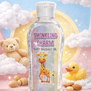 Bottle of Twinkling Charm baby massage oil with a cartoon giraffe on a pastel background with toys and clouds.