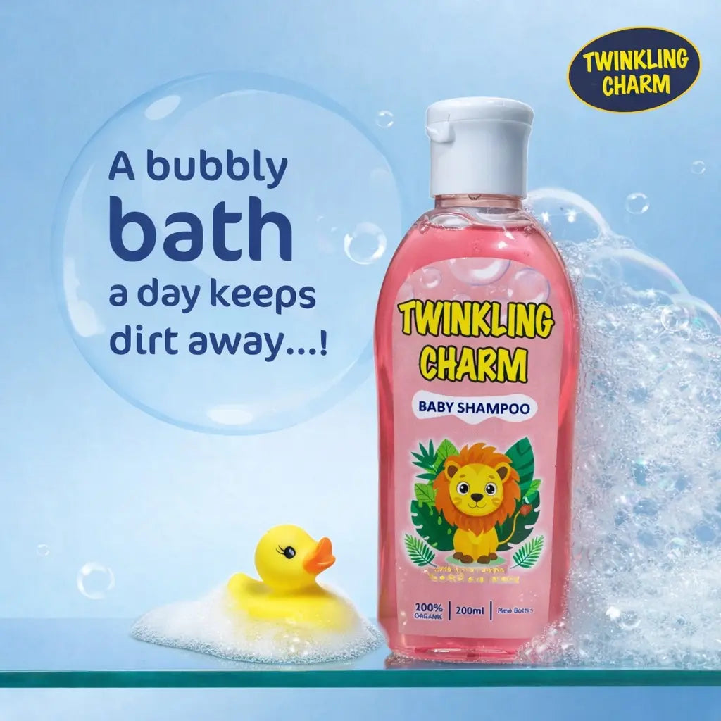 Twinkling Charm baby shampoo bottle with a rubber duck and bubbles on a blue background