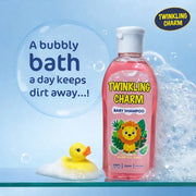 Twinkling Charm baby shampoo bottle with a rubber duck and bubbles on a blue background