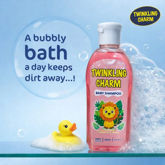 Twinkling Charm baby shampoo bottle with a rubber duck and bubbles on a blue background