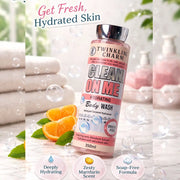 Twinkling Charm body wash bottle with packaging design on a bathroom background