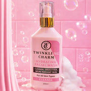 Twinkling Charm hydrating facial wash bottle with bubbles on a pink background
