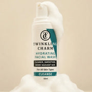 Twinkling Charm hydrating facial wash bottle on a beige background