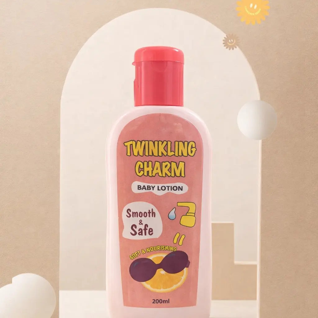 Baby lotion bottle labeled 'Twinkling Charm' on a beige background
