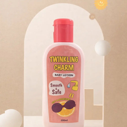 Baby lotion bottle labeled 'Twinkling Charm' on a beige background