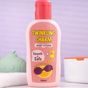 Baby lotion bottle labeled 'Twinkling Charm' with a pink cap on a light purple background.