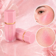 Pink cosmetic bottle with gold accents on a pink background, showing close-up of skin with product application.