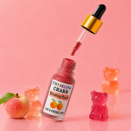 Lip and cheek tint bottle with applicator, peach, and gummy bear toys on a pink background